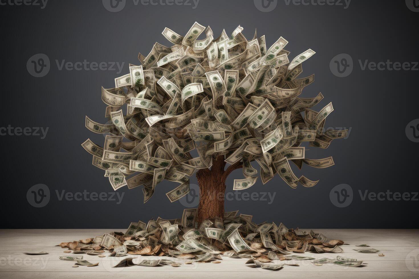 Money tree growing banknotes on branches and falling on the ground photo