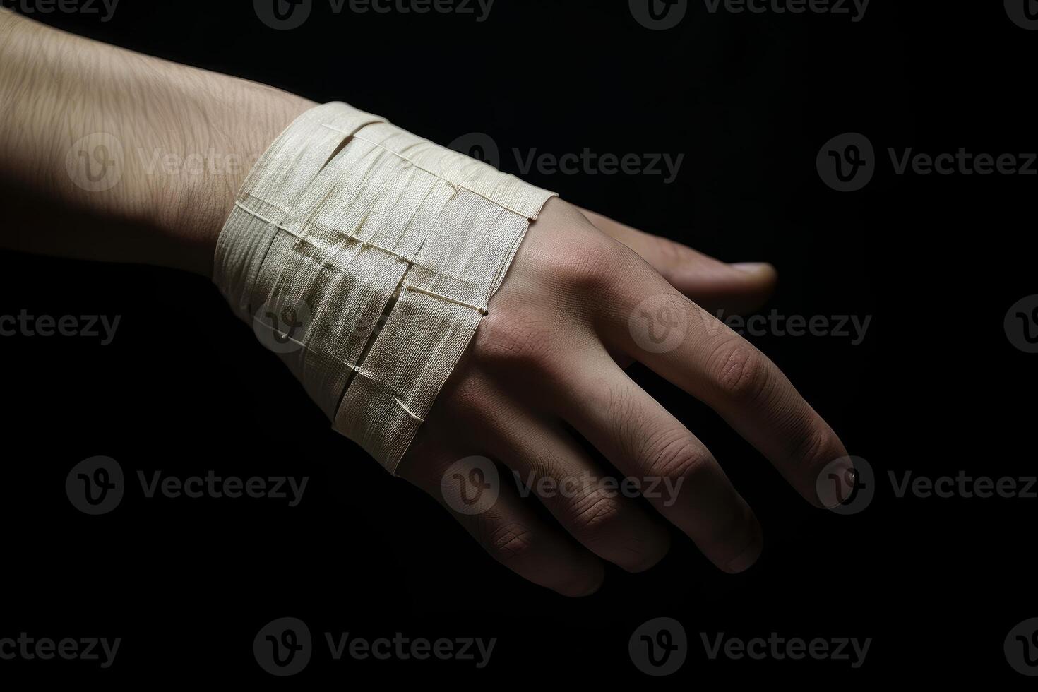Injured wrist bandaged with beige bandage on black background photo