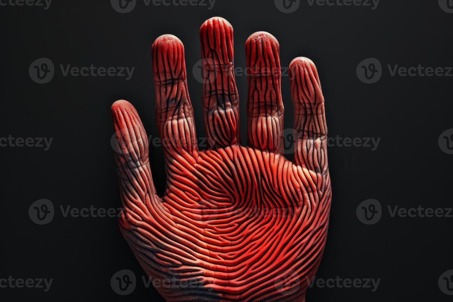 Red painted hand showing stop sign on dark background photo