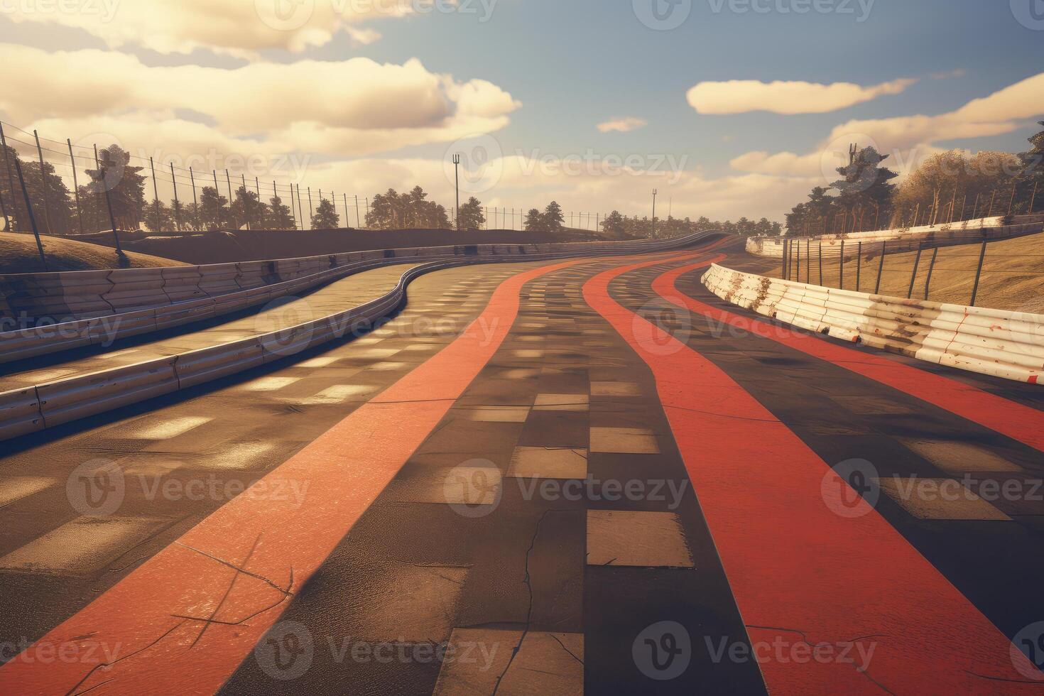 Racing track winding through a picturesque landscape at sunset photo