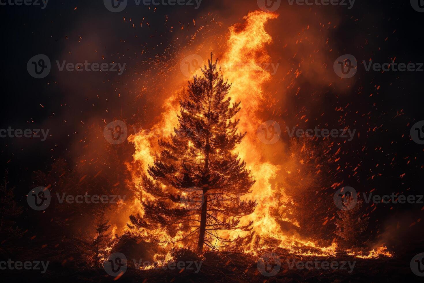Burning pine tree consumed by wildfire at night photo