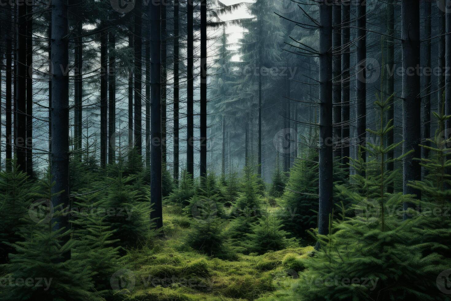 Mysterious foggy coniferous forest growing on mossy ground photo