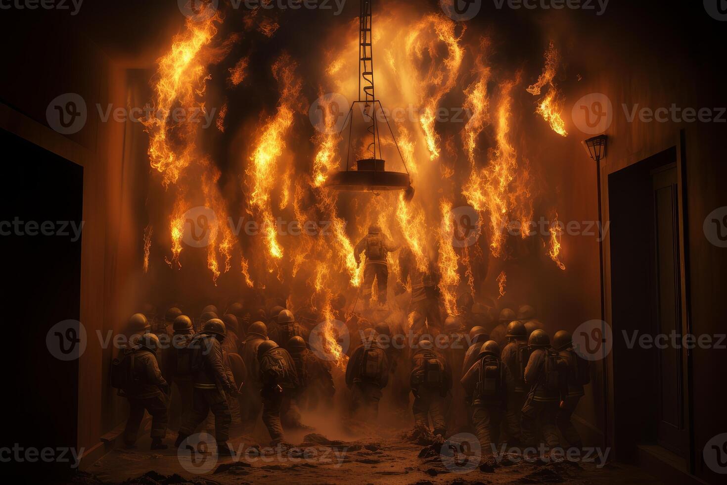 Firefighters running from explosions during training exercise in burning building photo
