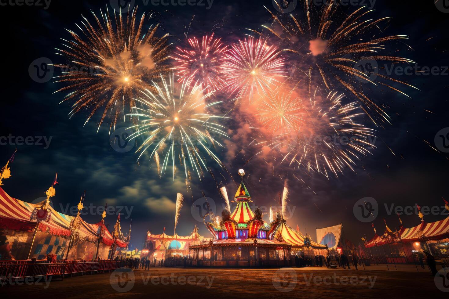 Colorful fireworks exploding over a festive circus tent at night photo