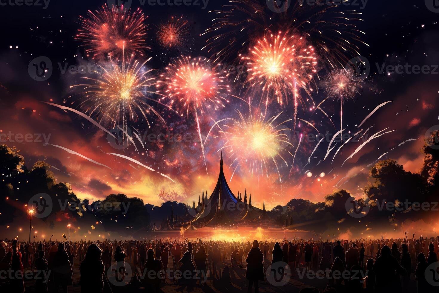 Crowd watching fireworks exploding over fantasy castle at night photo