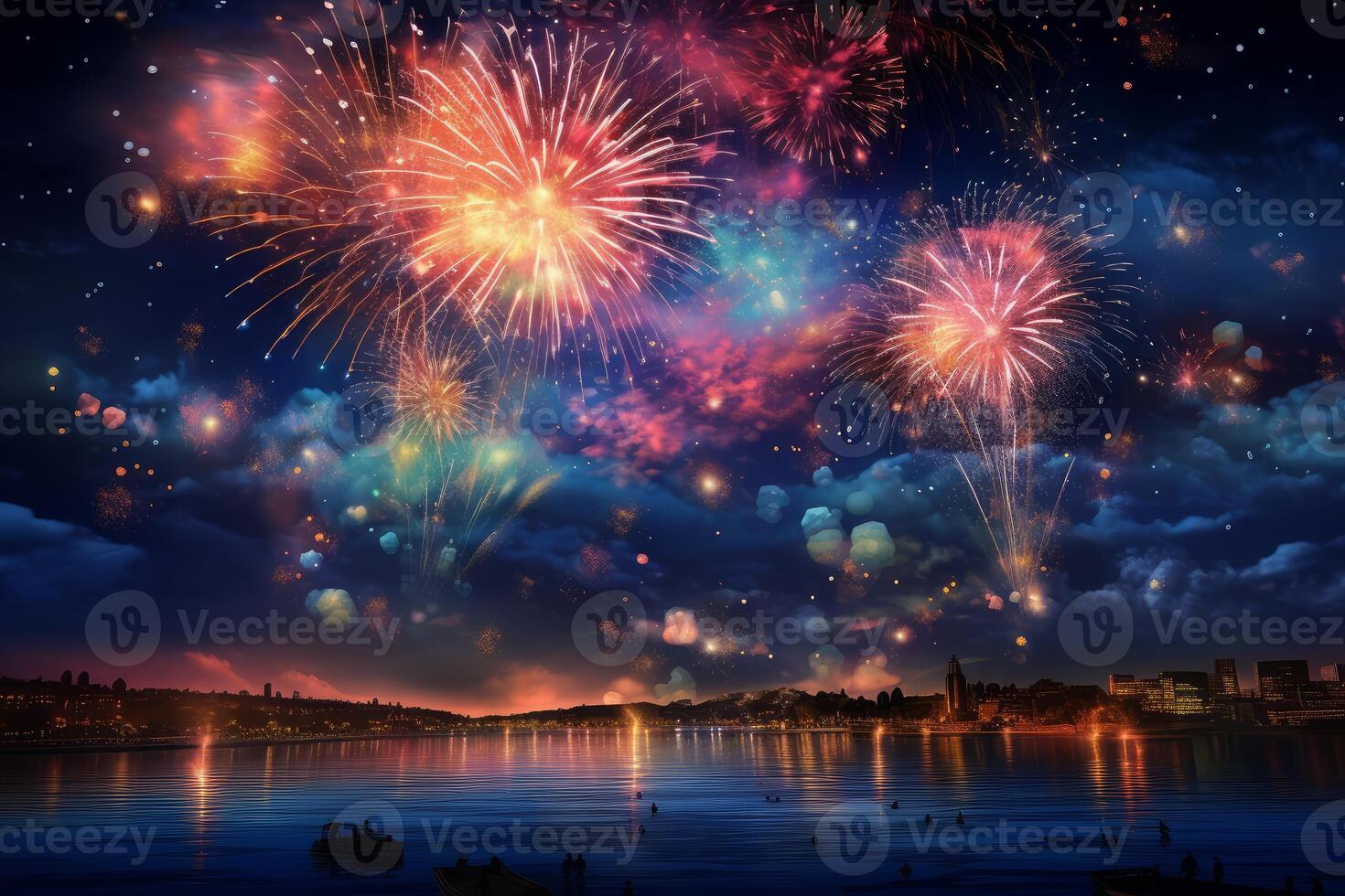 Colorful fireworks exploding over cityscape at night reflecting in water photo