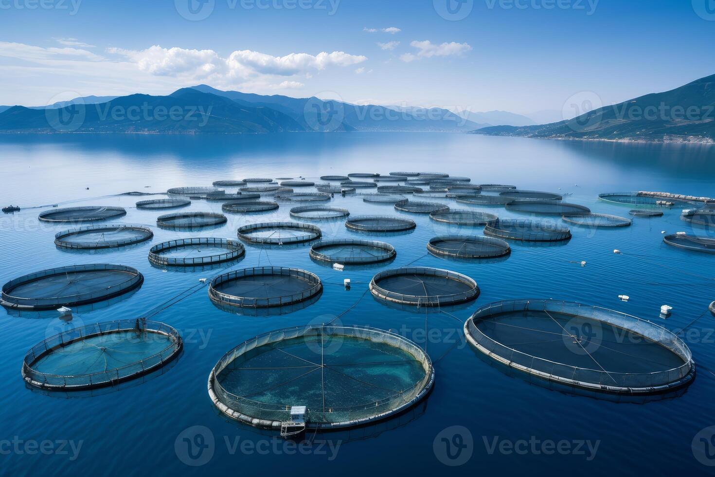 Fish farm in the bay creating a geometric landscape with mountains in the background photo