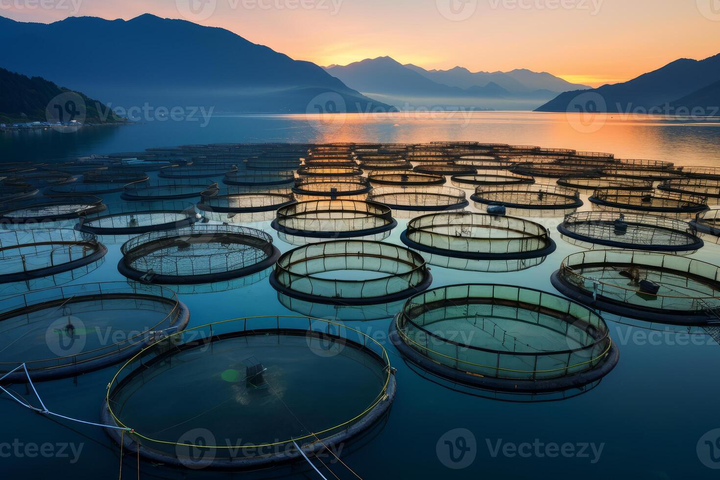 Fish farm in calm water during golden hour sunrise reflecting mountains photo