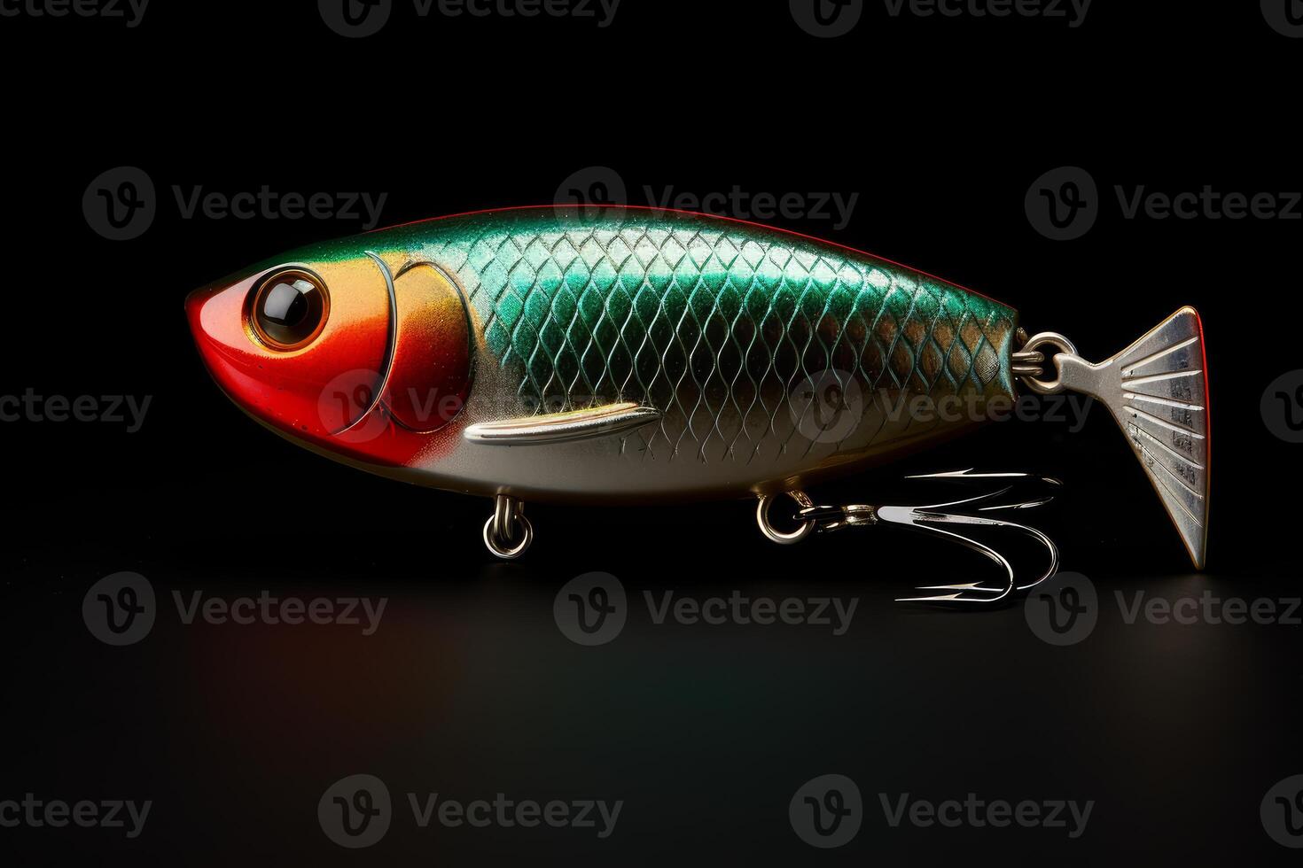 Multicolored fishing lure with treble hooks on black background photo