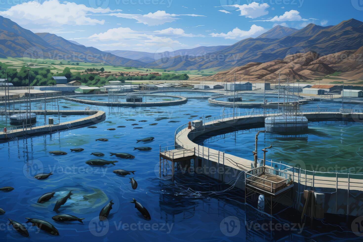 Fish farm in mountain valley with workers maintaining tanks photo
