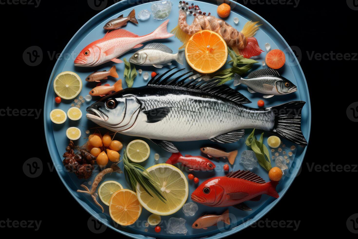 Big fish surrounded by small fish and citrus fruits on blue plate photo