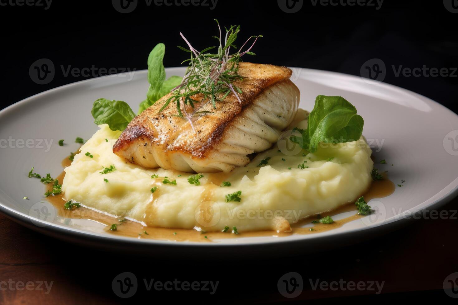 Grilled white fish fillet served on mashed potatoes with herbs and sauce photo