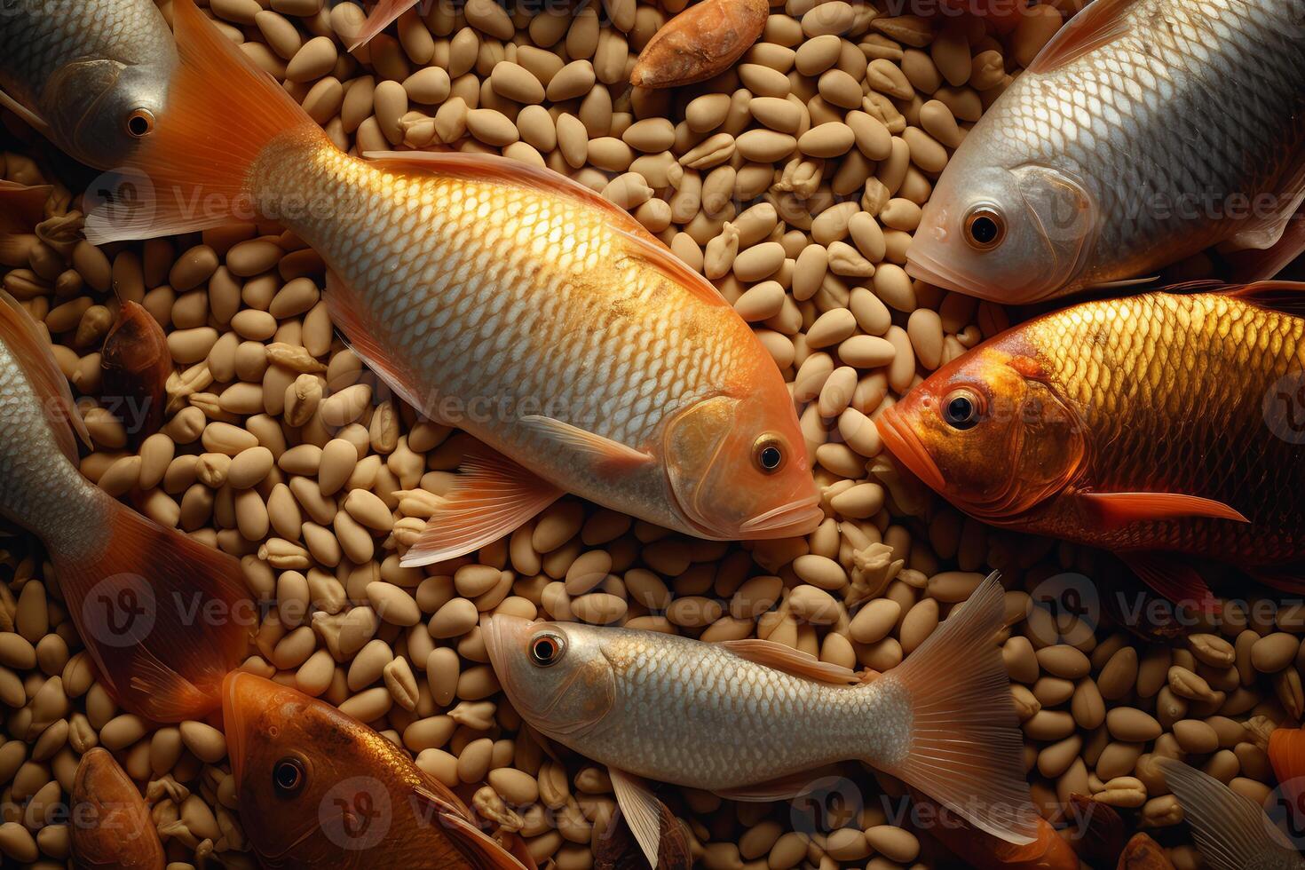 Fresh fish lying on pile of grains, creating stunning visual contrast photo