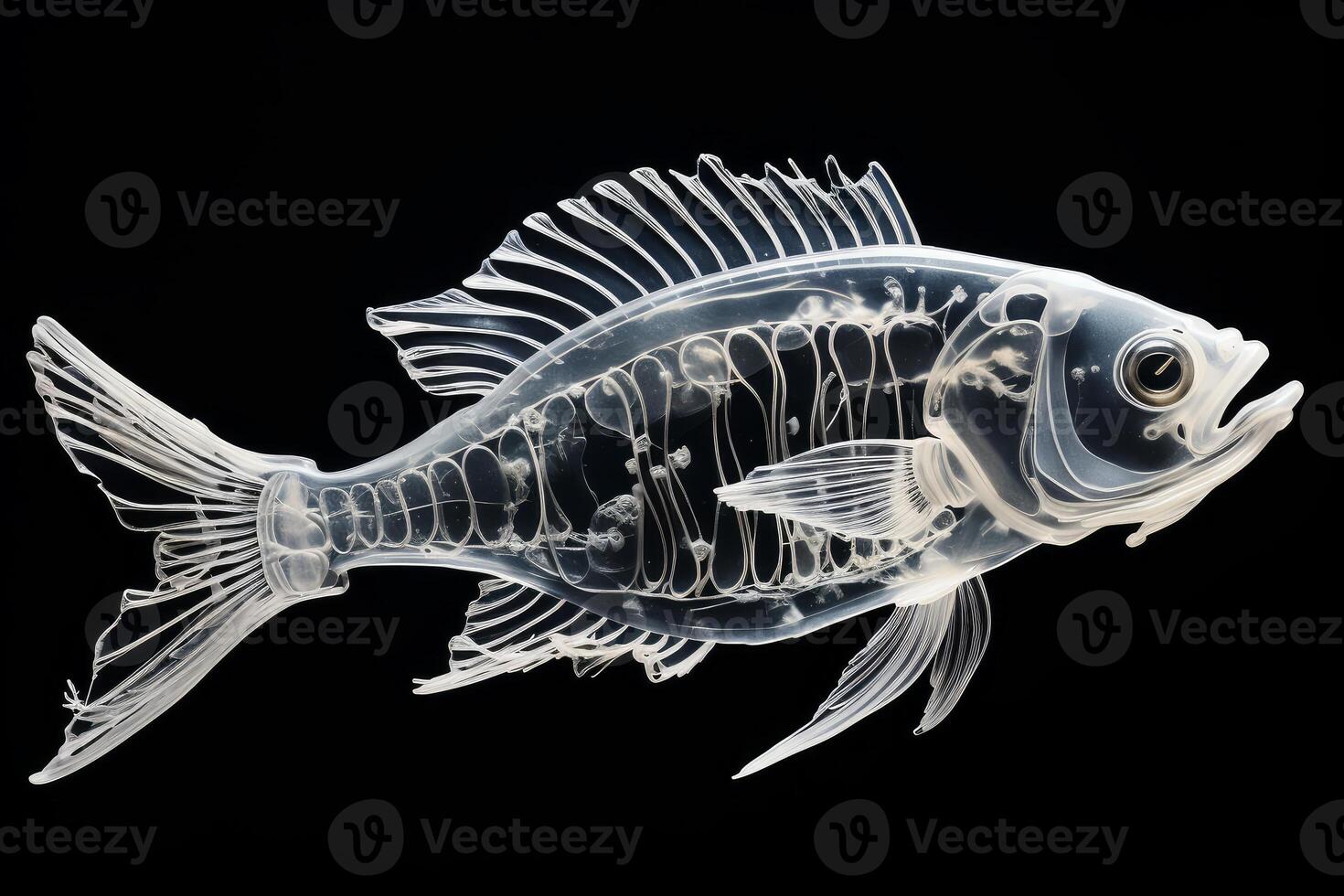 Transparent fish skeleton showing internal organs on black background photo