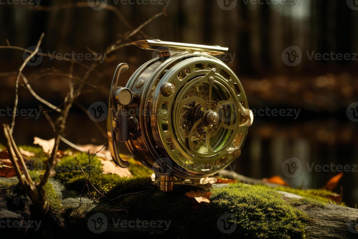 Vintage gold fishing reel resting on mossy log in autumn forest photo