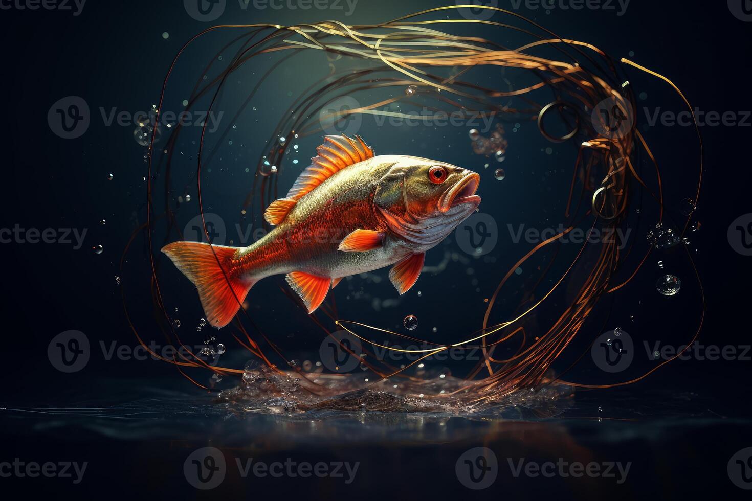 Fish jumping out of water surrounded by golden wires and air bubbles photo