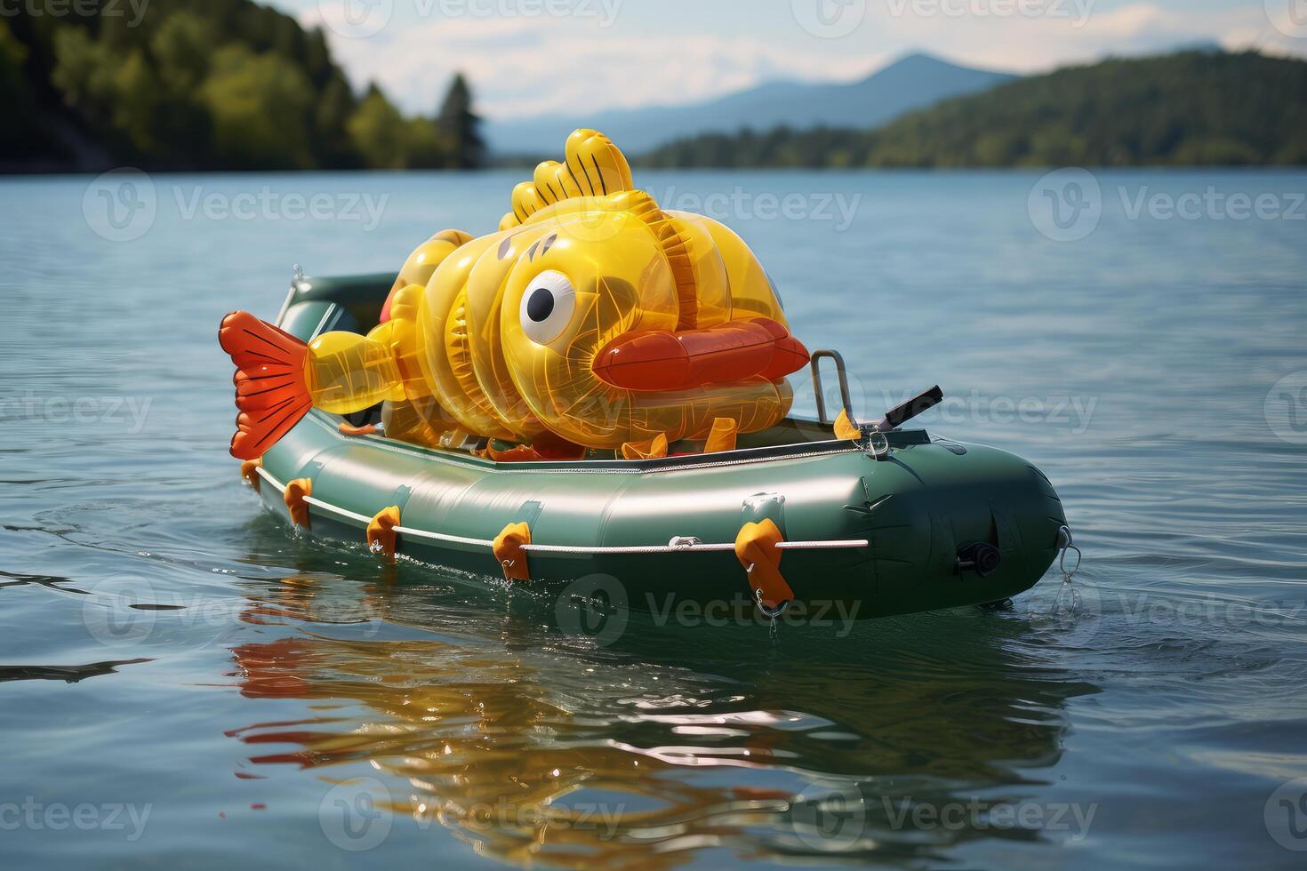 Inflatable fish floating on dinghy in a lake with mountains in background photo