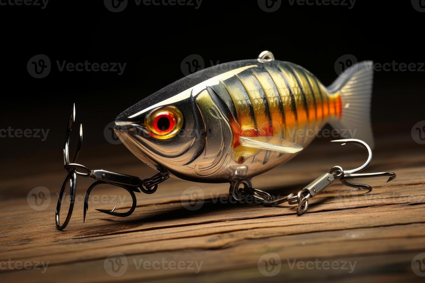 Fishing lure resting on wooden surface with sharp hooks photo