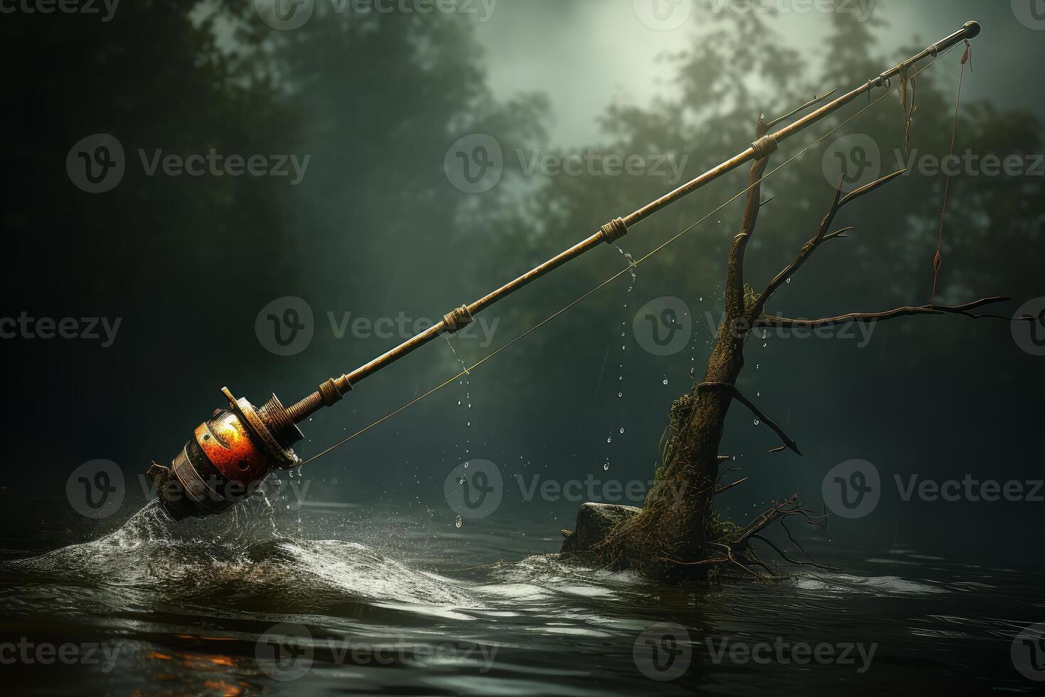 Steampunk fishing rod falling into dark water with drops splashing around photo