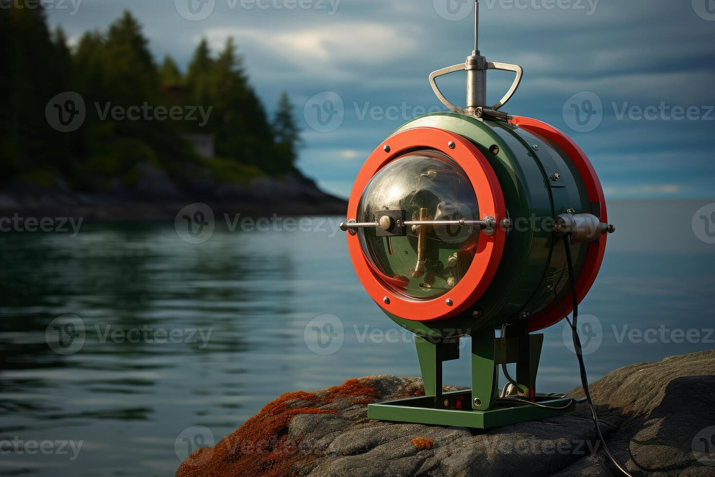 Tide gauge recording sea level changes on rocky coastline photo