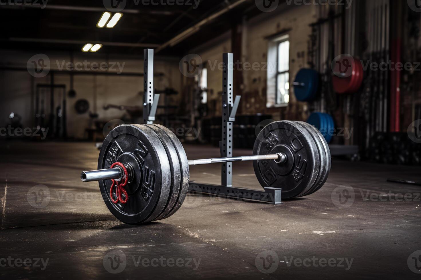 Barbell resting on squat rack in empty gym symbolizing strength training and fitness photo