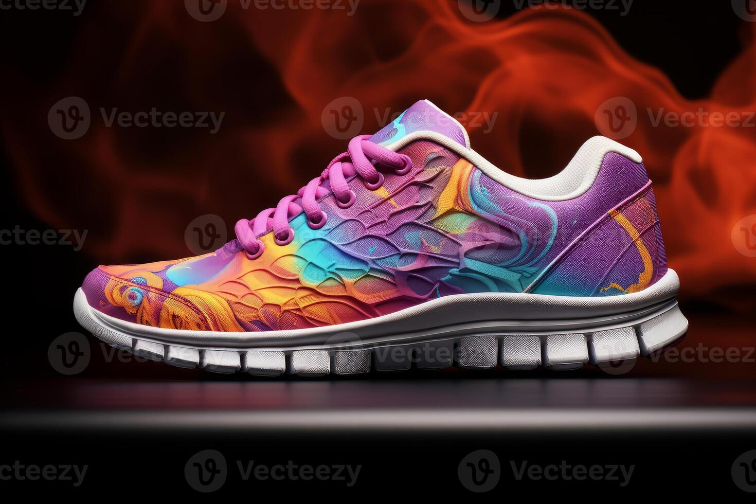 Colorful, psychedelic sneaker with pink laces on fire background photo