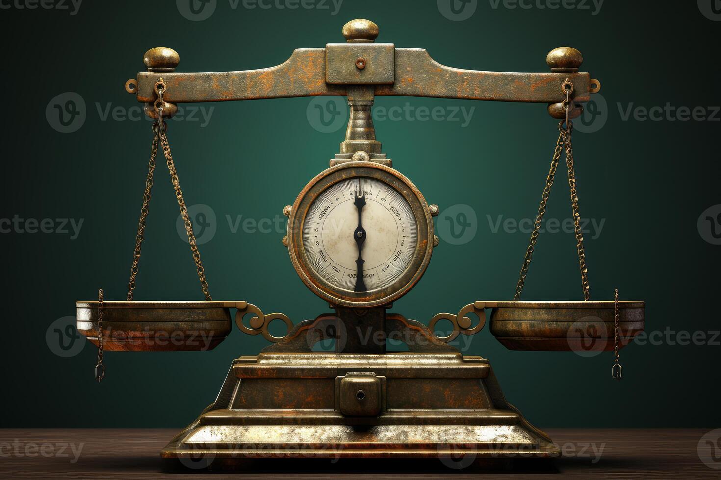 Old balance scale comparing weights on green background photo