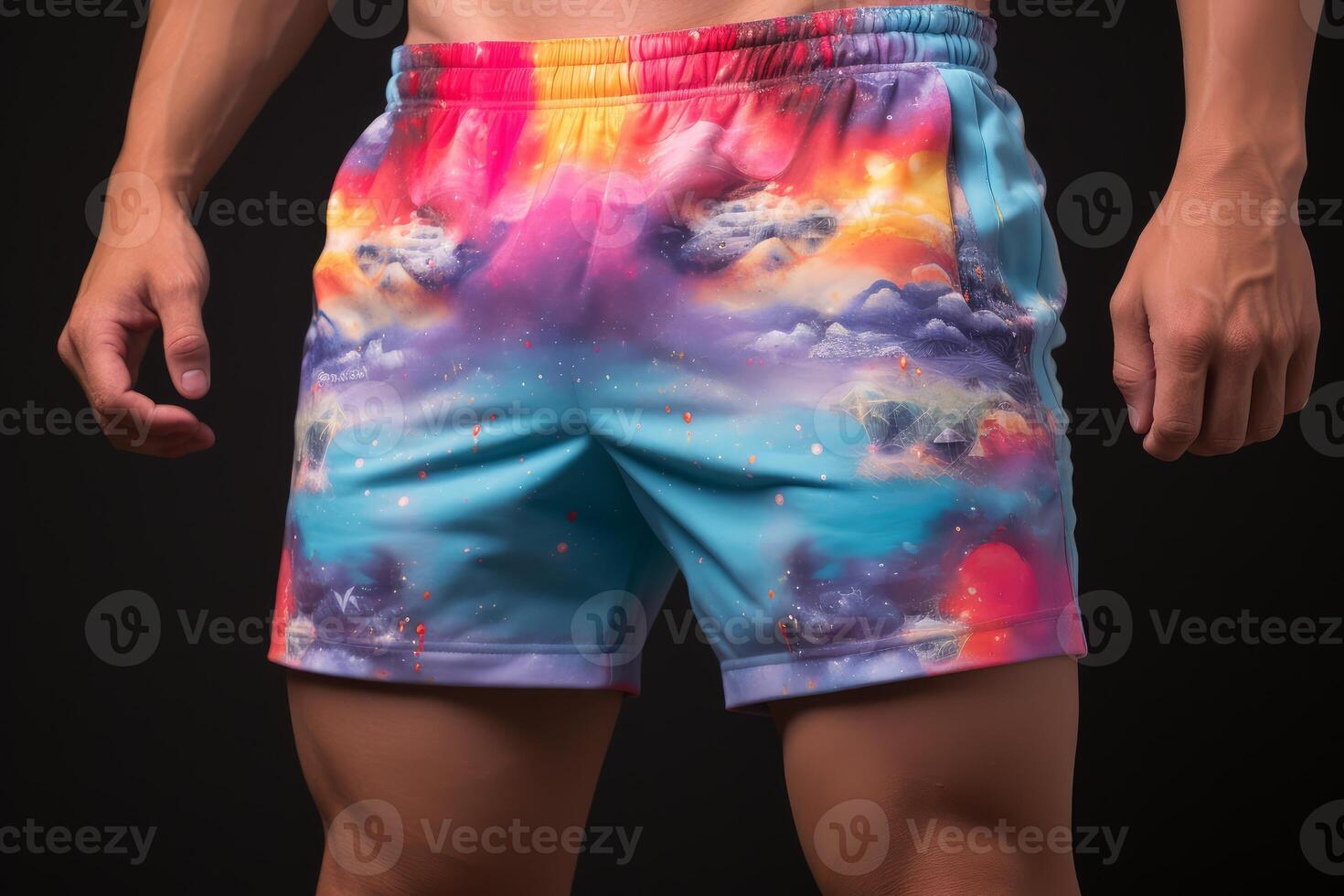 Bodybuilder wearing colorful shorts with galaxy print posing on black background photo