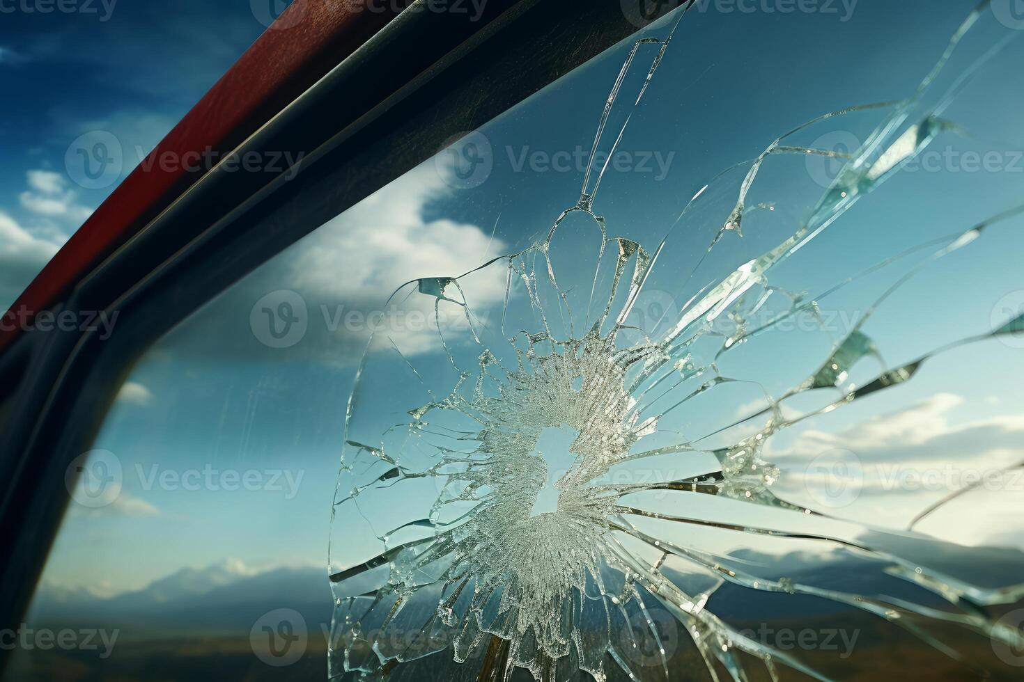 Broken car window reflecting blue sky and clouds over mountains photo