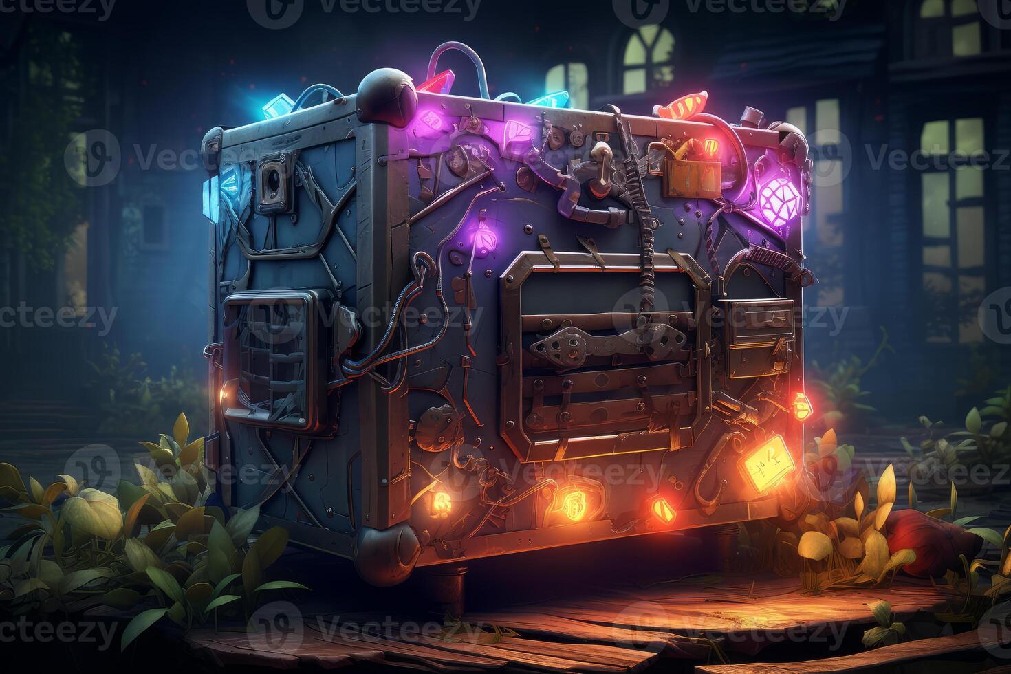 Mysterious glowing chest resting on wooden planks in a spooky setting photo
