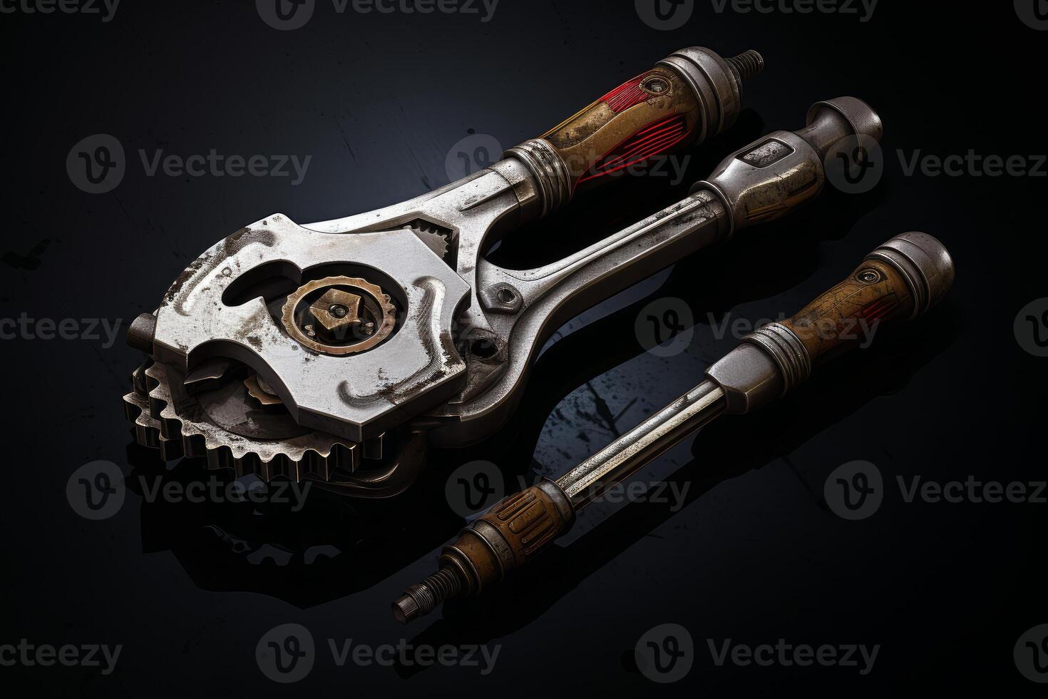 Mechanic tool with gears and interchangeable heads lying on reflective surface photo