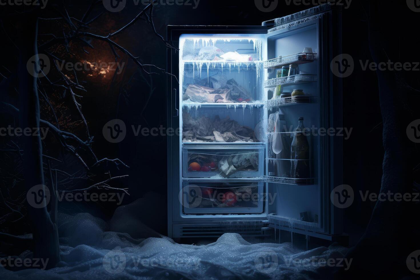 Open refrigerator full of spoiled food abandoned in frozen winter forest at night photo