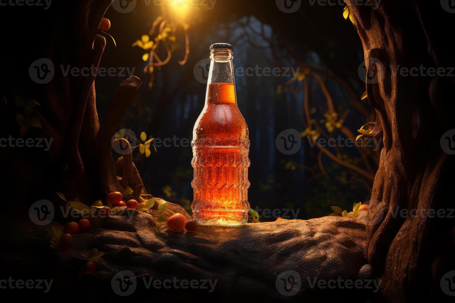 Glass bottle with a carbonated drink resting on a tree trunk in a mysterious forest photo