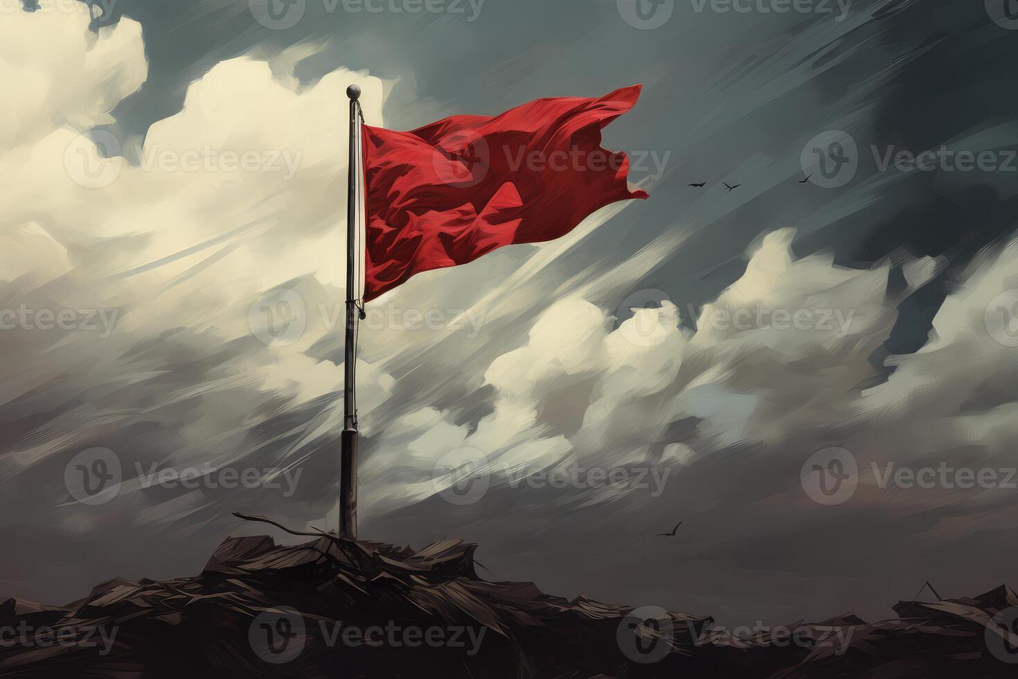 Red flag waving on a cloudy day symbolizing revolution photo