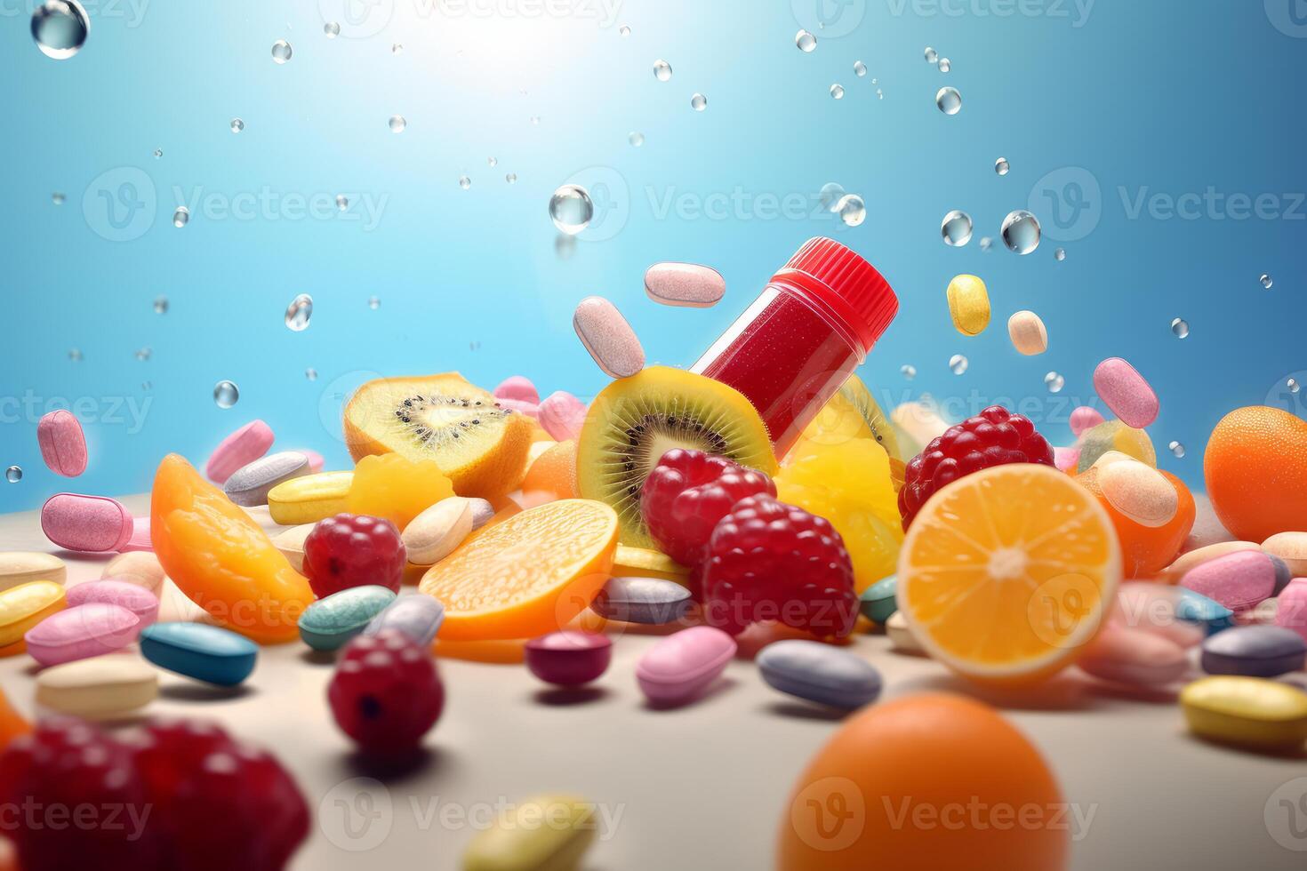 Vitamins and supplements falling onto fresh fruit with water droplets on blue background photo