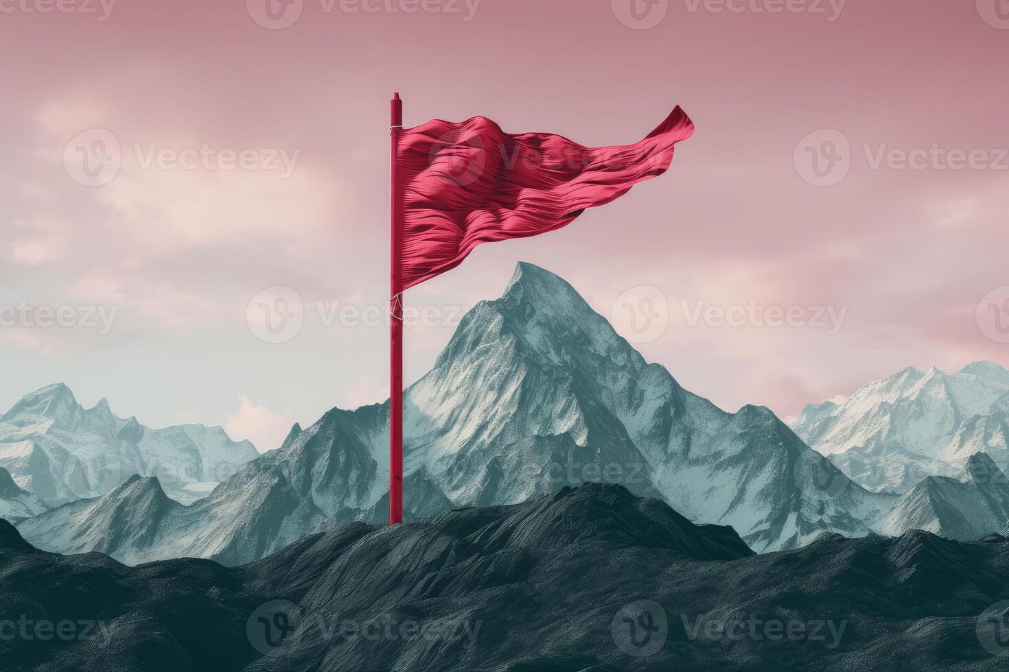Red flag waving on mountain peak symbolizing achievement and leadership photo