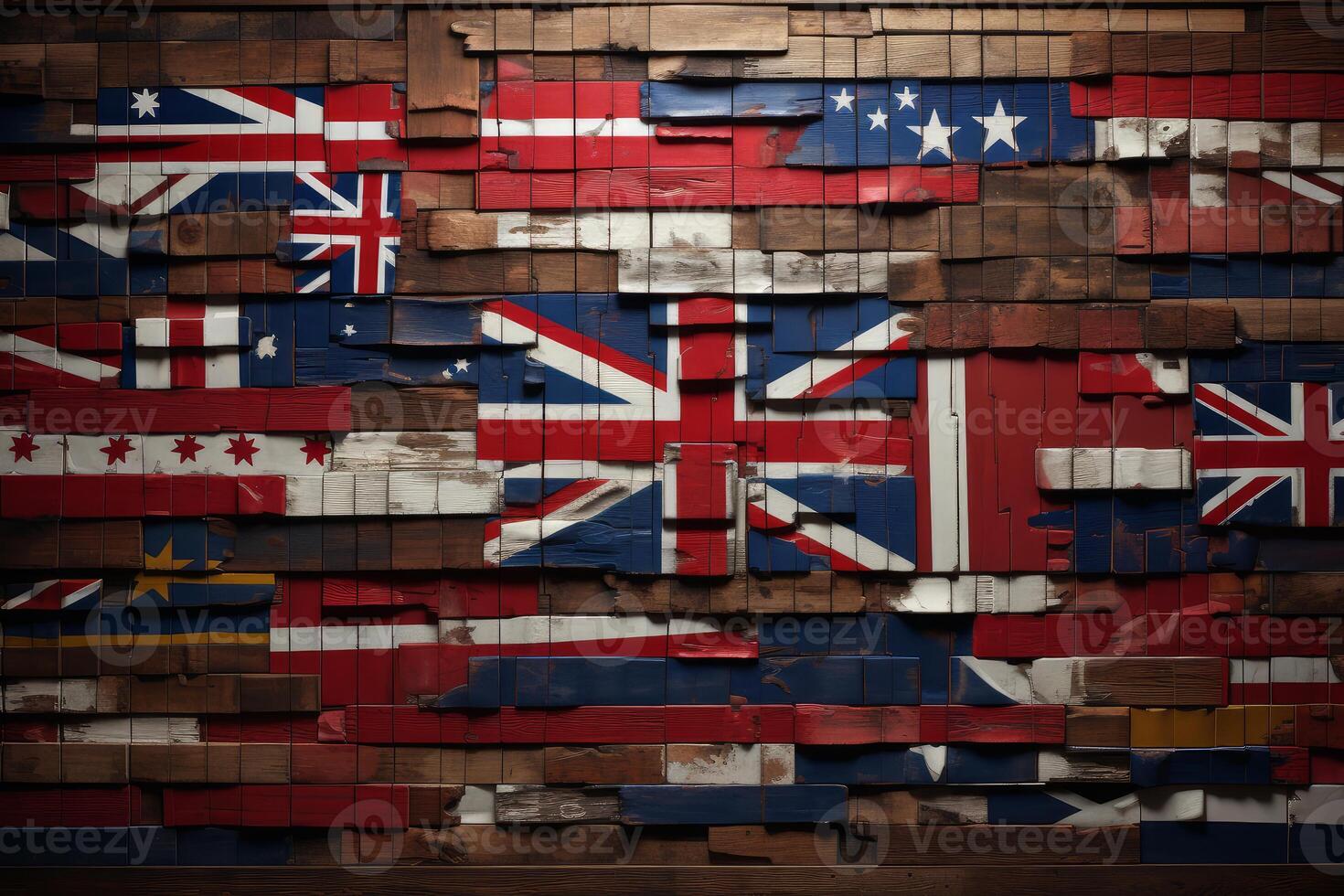 Flags of the commonwealth painted on small wooden boards forming a large panel photo