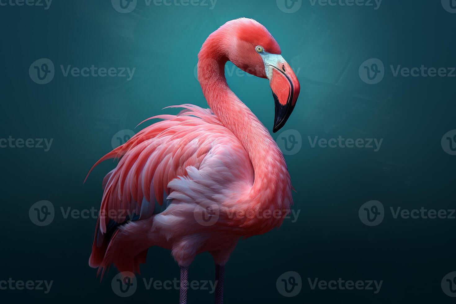 Pink flamingo posing on turquoise background photo