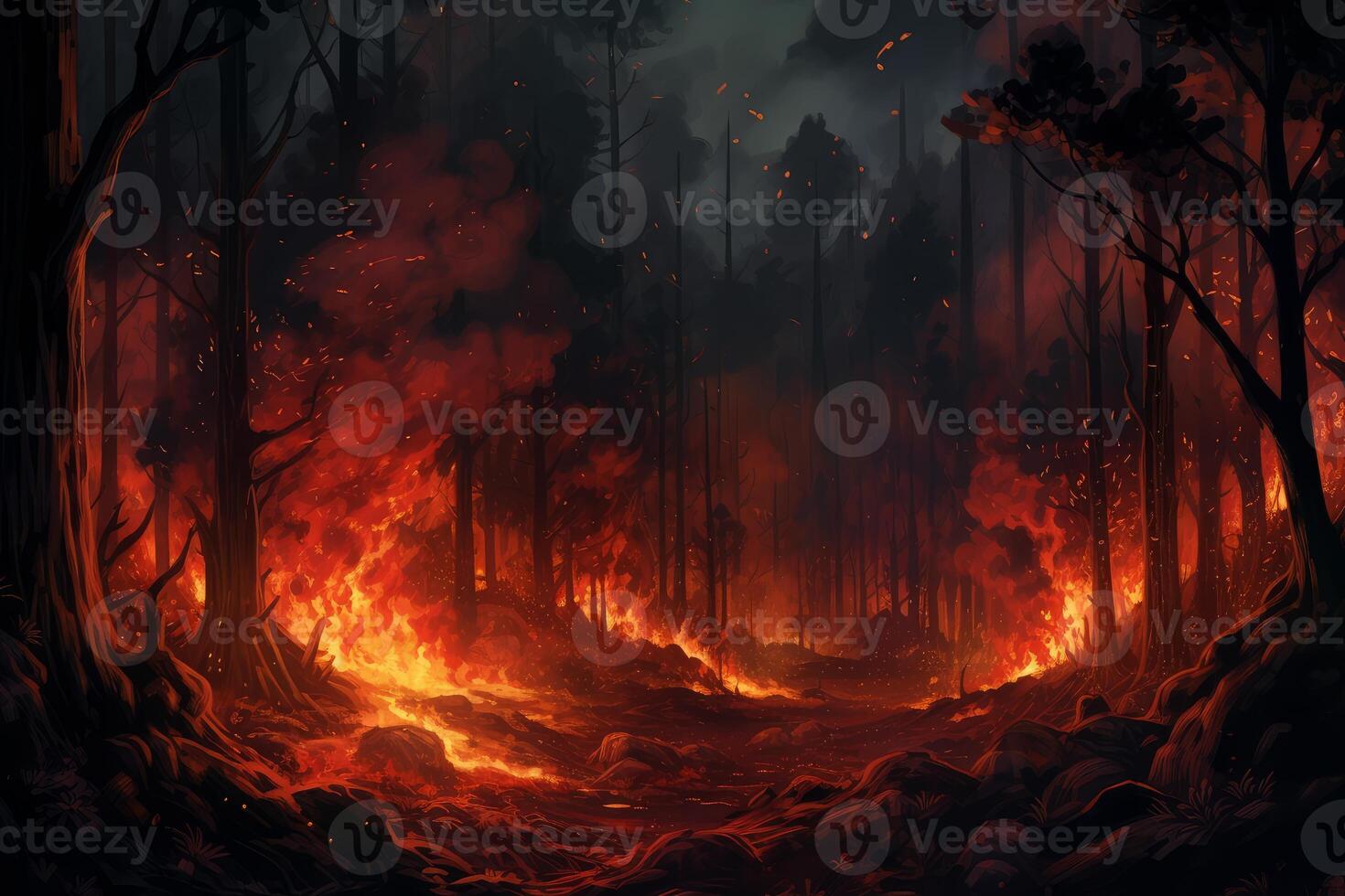 Wildfire burning through forest at night, creating a dramatic scene photo