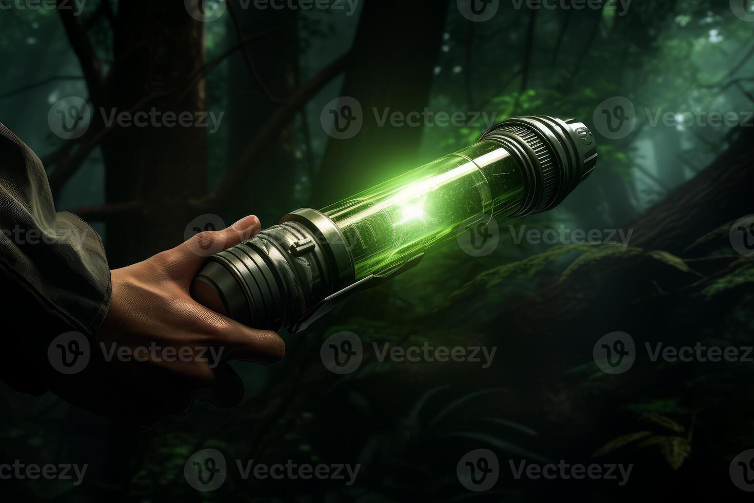Scientist holding glowing green substance in futuristic container in forest photo