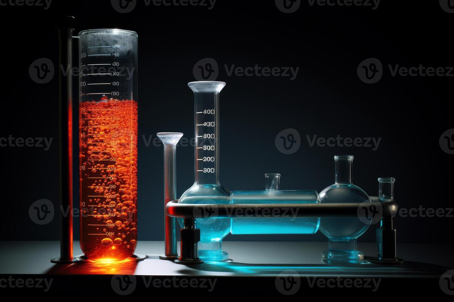Chemical reaction experiment displaying colorful solutions in laboratory glassware photo