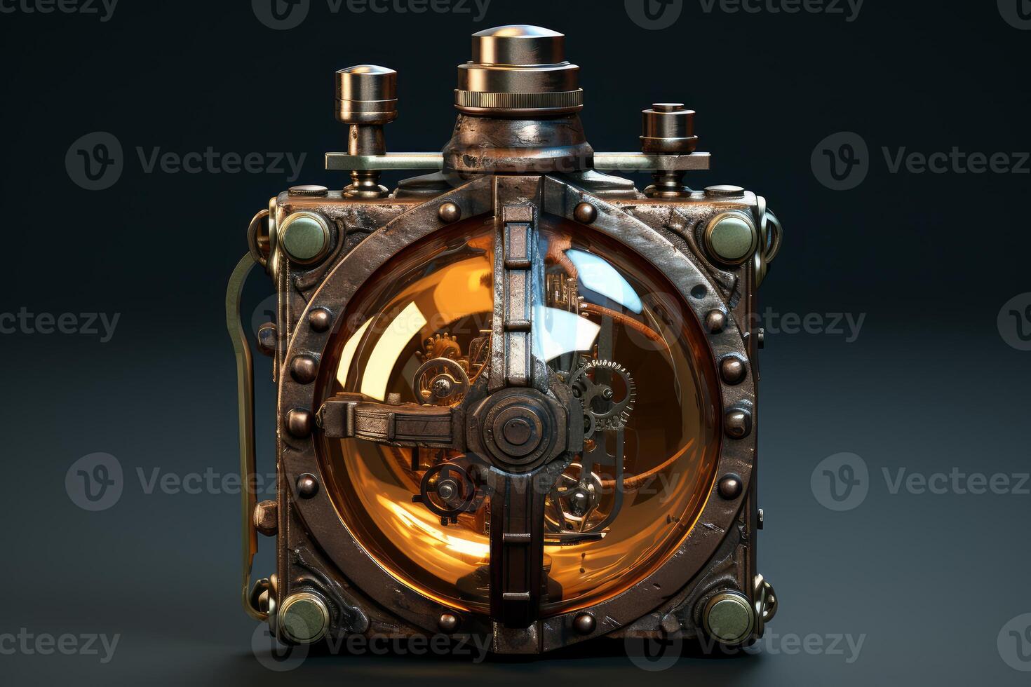 Steampunk device showing complex gear mechanism inside orange container photo