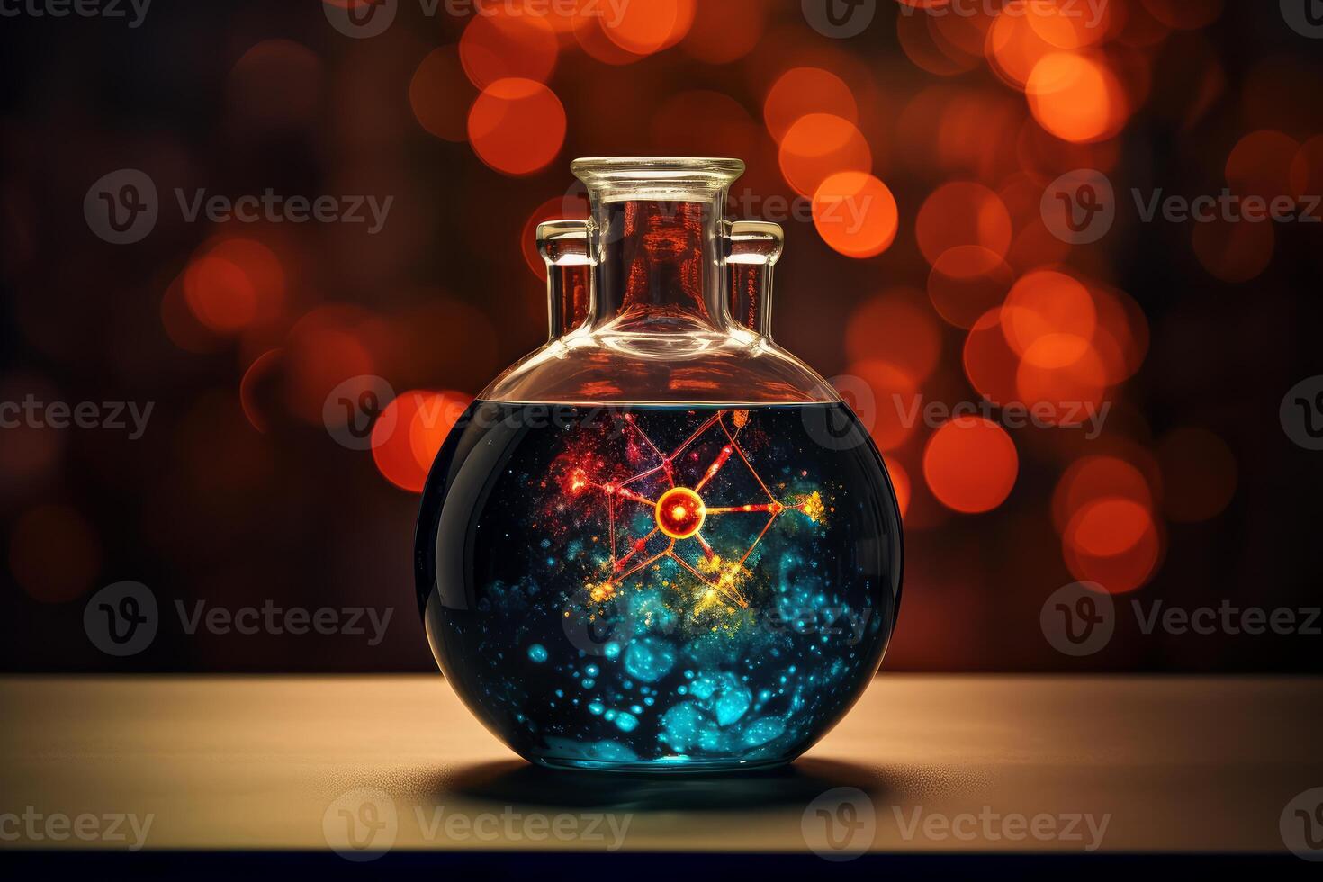 Glass beaker holding glowing universe on tabletop with orange bokeh background photo