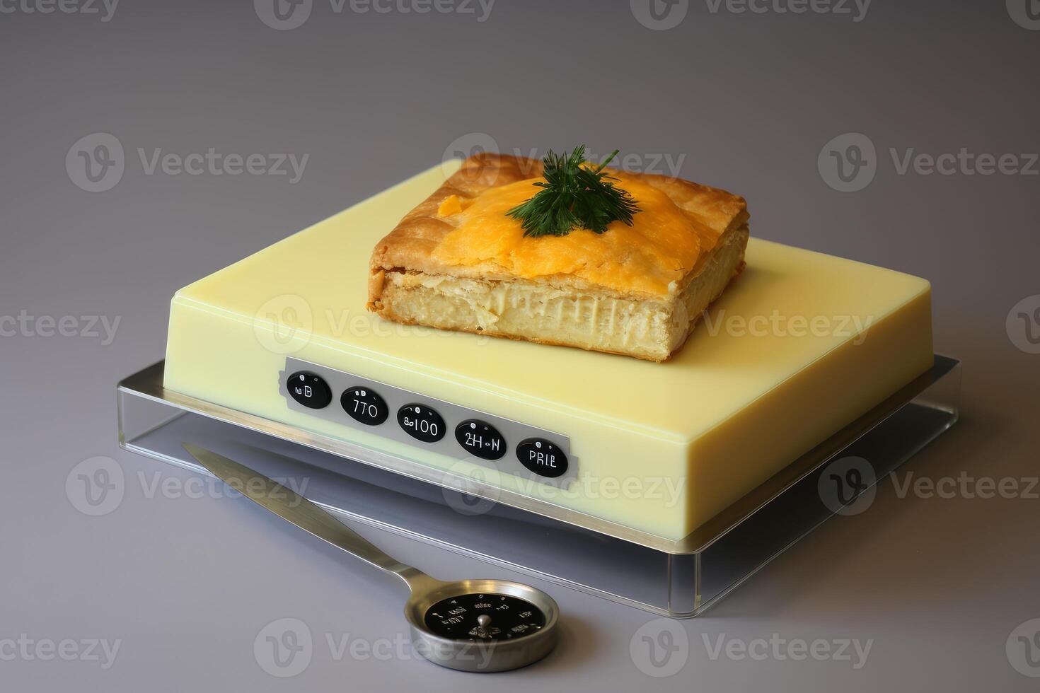 Slice of delicious savory pie resting on electronic kitchen scale with temperature probe photo