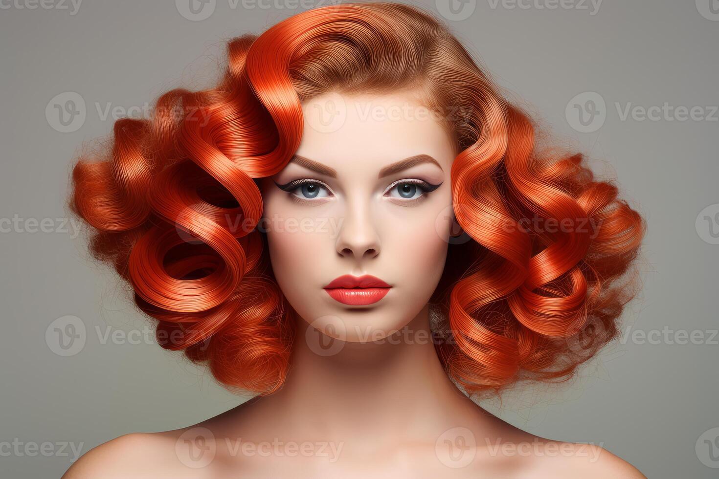 Model showing voluminous red hair and elegant makeup photo
