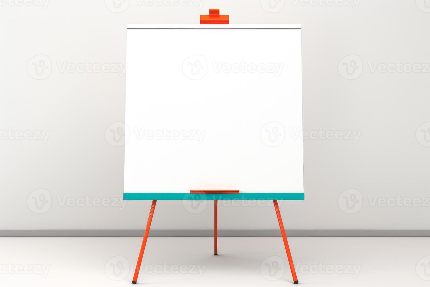 Blank flip chart on easel stands in empty room ready for presentation photo