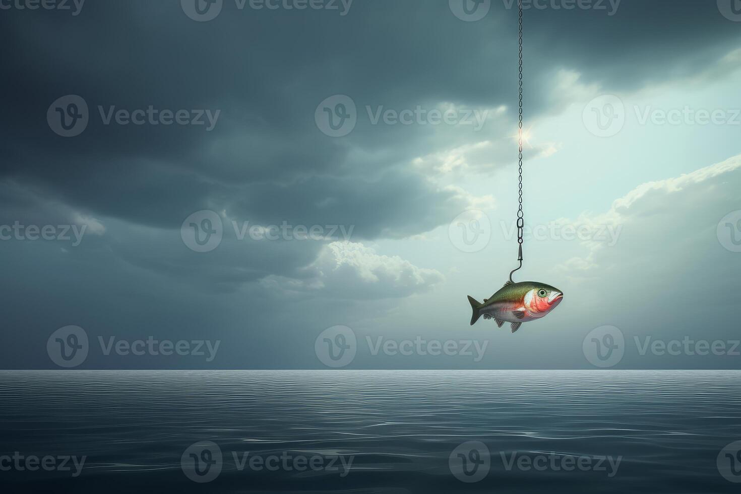 Fish hanging on a hook over the ocean under a cloudy sky photo
