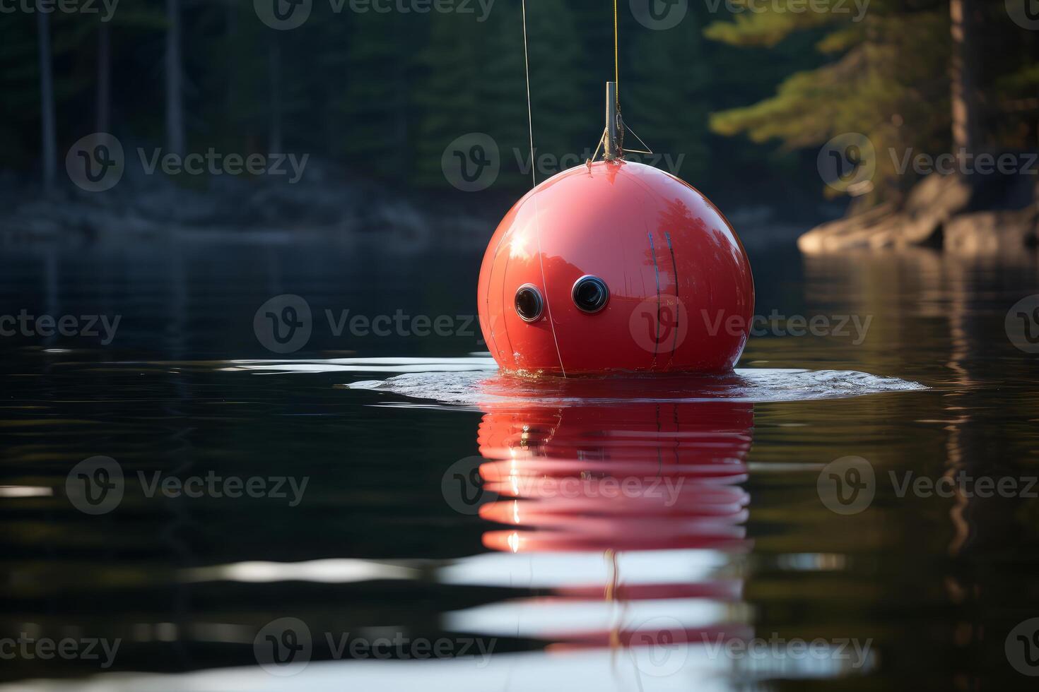 Red buoy floating on calm water surface with forest background photo