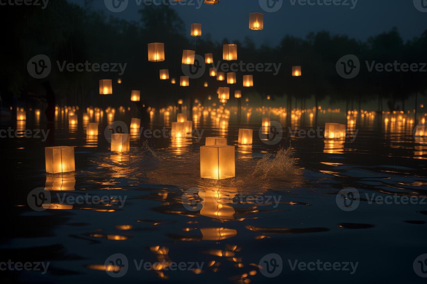 Paper lanterns floating in the water photo