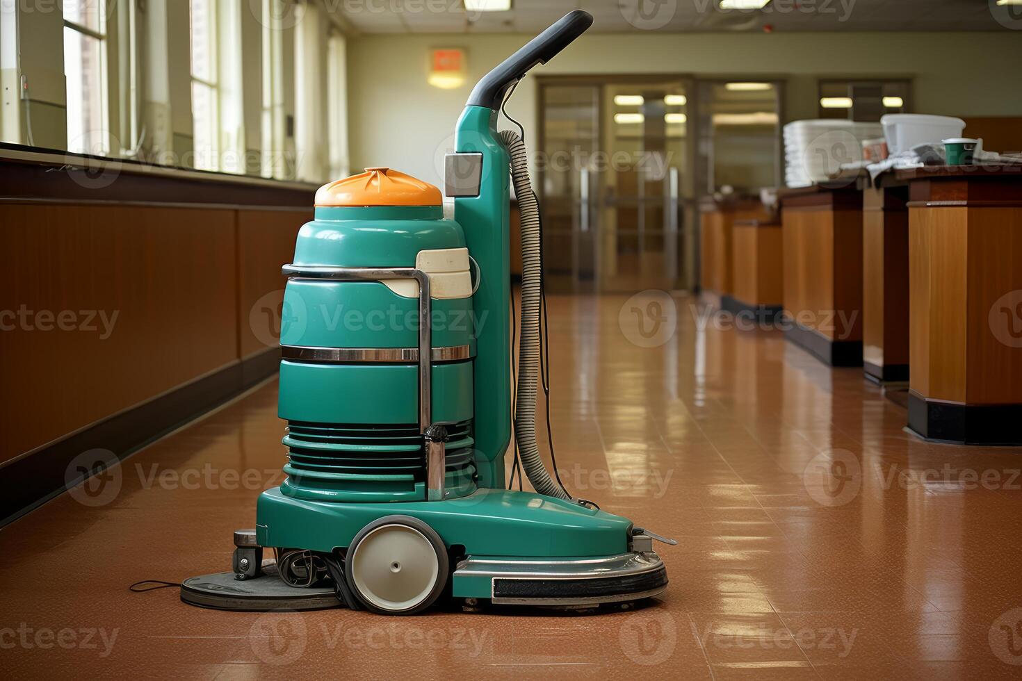 Floor cleaning machine scrubbing and polishing office floor photo